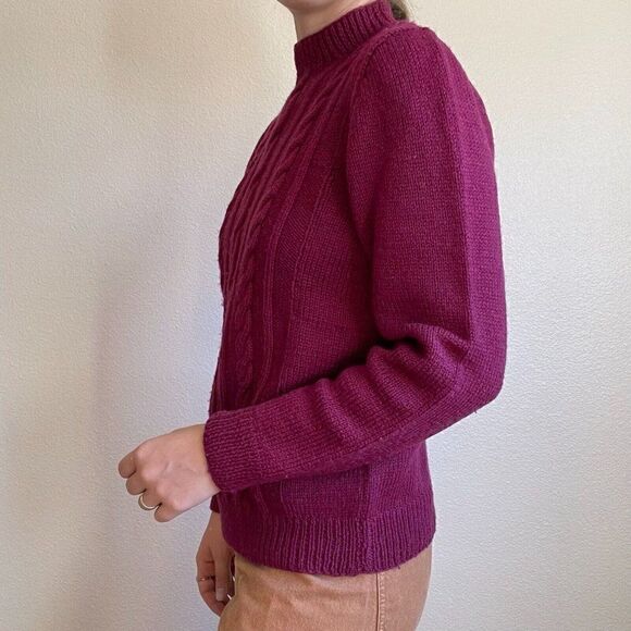 Hand Knit Maroon Red Cable 100% Wool Chunky Knit Mockneck Sweater Sz M - Picture 3 of 6